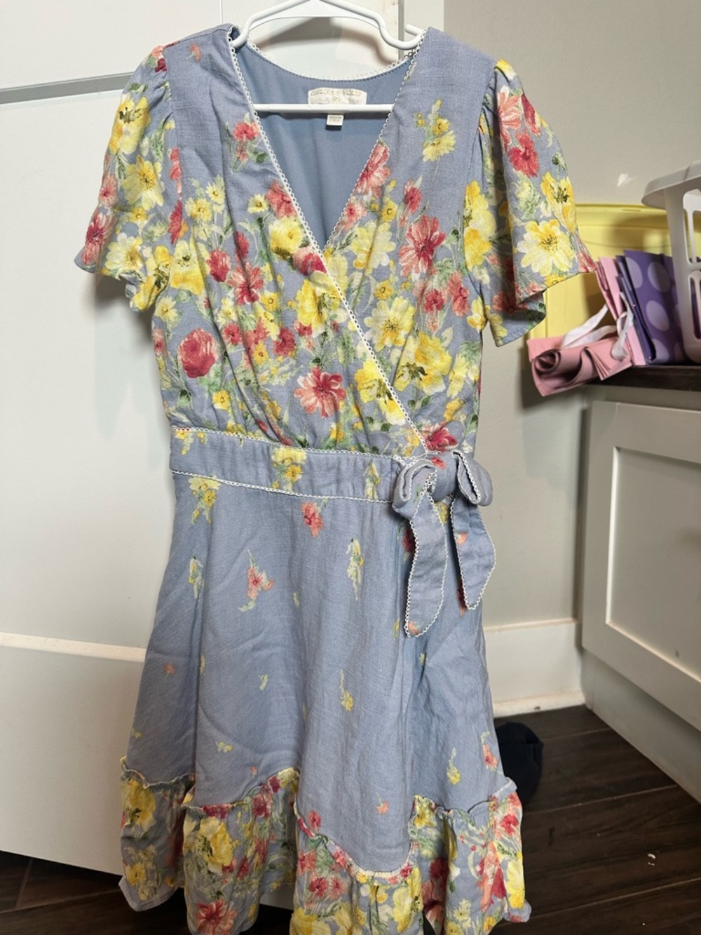 Chelsea & Violet Blue Floral Wrap Dress with Yellow & Pink Accents